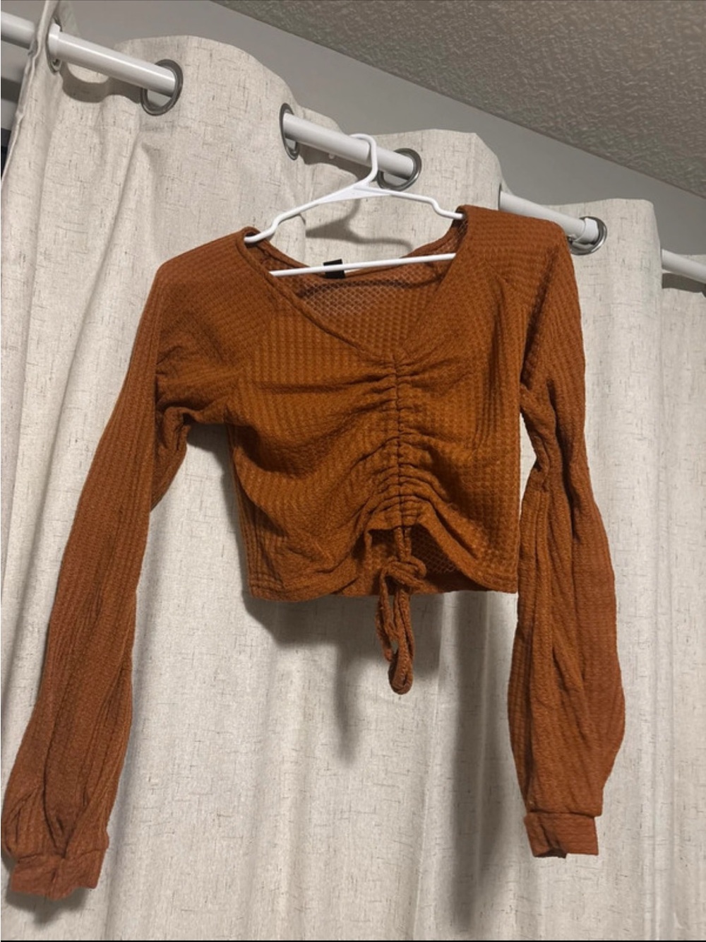 SHEIN Rust Brown Ruched Waffle-Knit Long Sleeve Crop Top